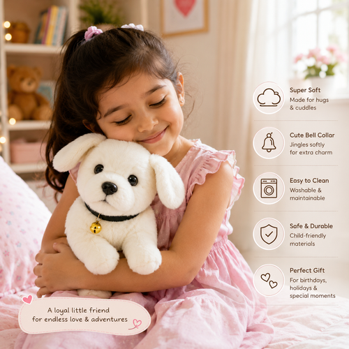 Momo — White Fluffy Puppy Plush Toy with Bell Collar